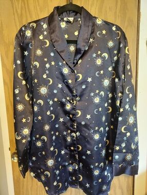VTG Navy Celestial Satiny Button-Up Night shirt Dream Modes XL Whimsy Goth